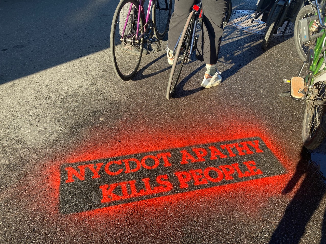 Cyclists staged a "die-in" on Friday morning, 10 days after 37-year-old Sarah Schick was killed on a Citi Bike on Ninth Street. Photo: Julianne Cuba