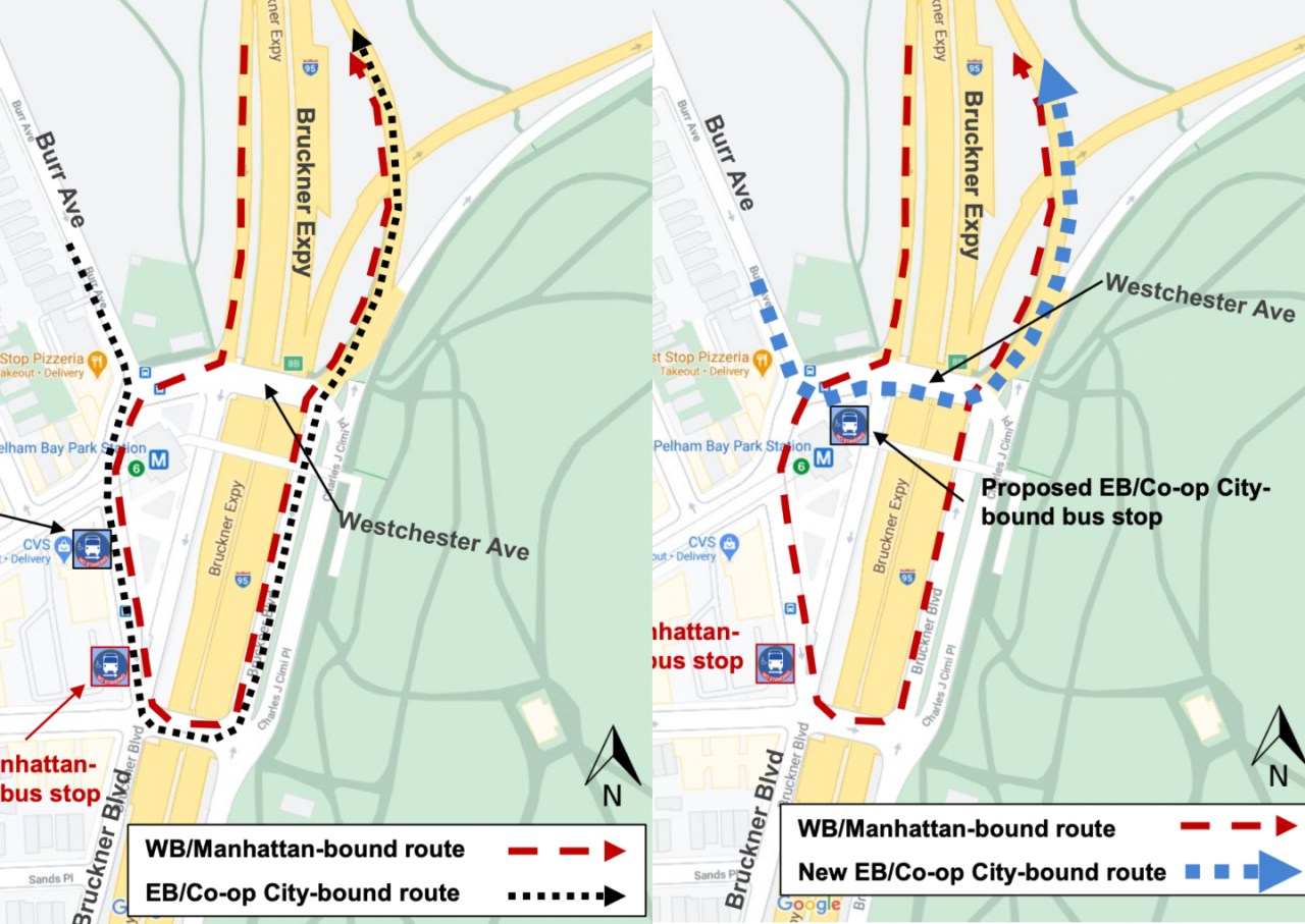 Bus routes around Pelham Bay Park station are less circuitous after DOT installed a contraflow lane (right, in blue) on Westchester Ave. Maps: DOT