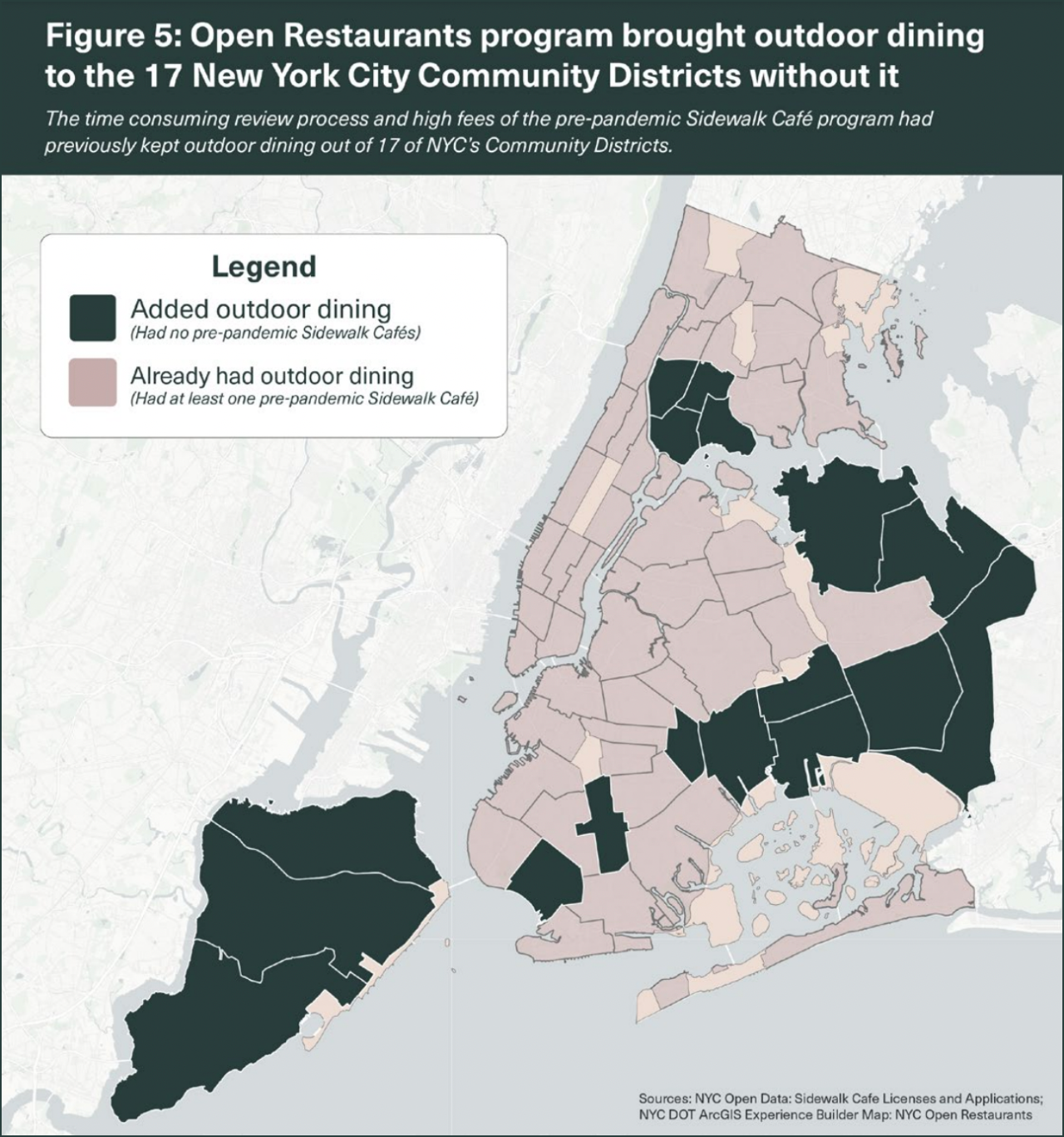 Areas in green are community boards that didn't have any outdoor dining before the Covid-era open restaurant program. Map: NYU Wagner