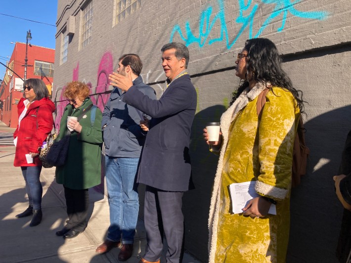 DOT Commissioner Ydanis Rodriguez with pols, including Council Member Shahana Hanif, State Sen. Andrew Gounardes, and Assembly Member Jo Ann Simon. Photo: Julianne Cuba