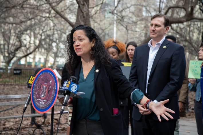 Council Member Alexa Aviles, with Rep. Dan Goldman behind her, demanding the city crack down on last-mile trucking facilities during a rally outside City Hall back in February. Aviles says the city must also redesign its truck routes. Photo: New York City Council