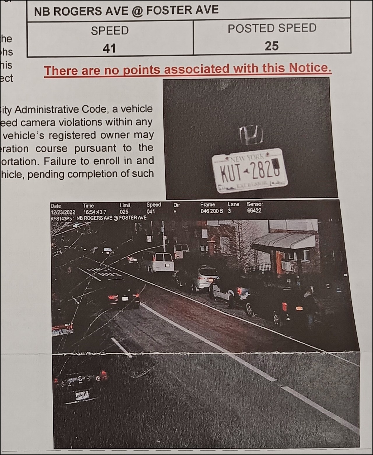 The summons shows a dark car with a defaced plate.