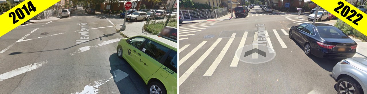 Note the full crosswalk in 2014 (left) and the truncated one in 2022 (right). Photos: Google
