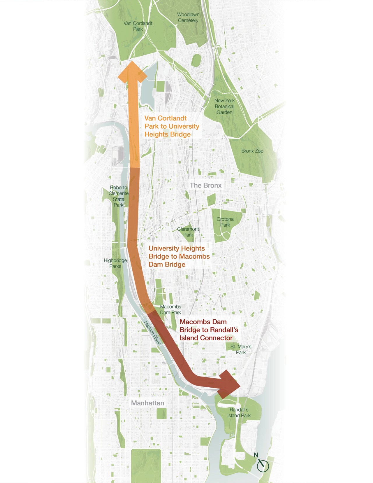 The city released this rough route for the proposed Harlem River Greenway in the Bronx. Map: DOT