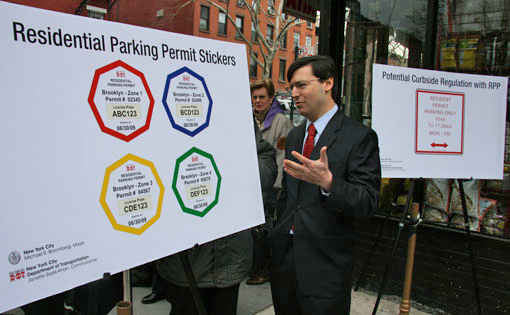 Here's former Council Member David Yassky with mockups of residential parking permits way back in 2008. File art