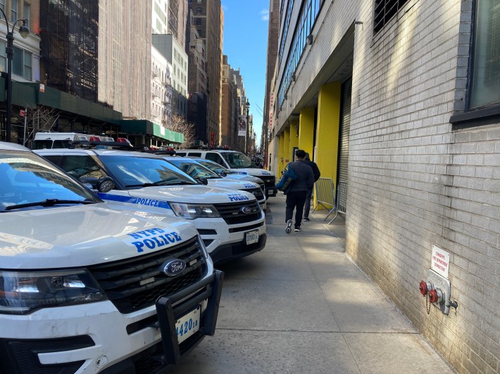 Another tight squeeze for pedestrians to get past Midtown South Precinct.