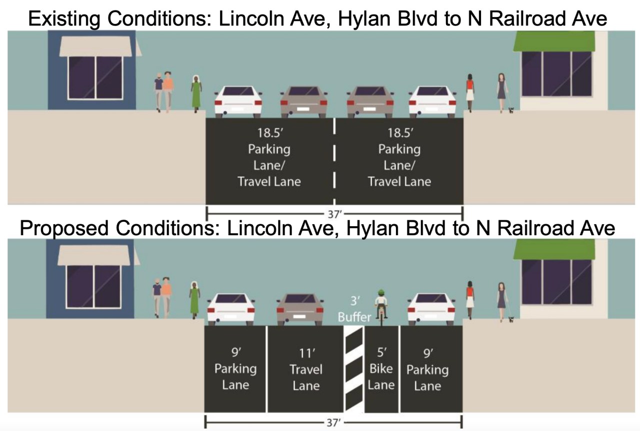 West of Hylan Boulevard, DOT will add an unprotected bike lane. Graphic: DOT