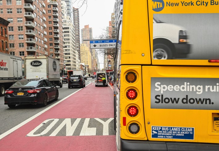 A blocked bus lane on First Avenue in Manhattan. Photo: Marc Hermann/MTA