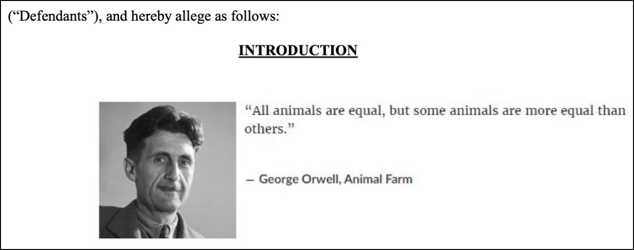 In an unusual move, the plaintiffs used a portrait and quote of author George Orwell in the legal filing. Screenshot: court documents