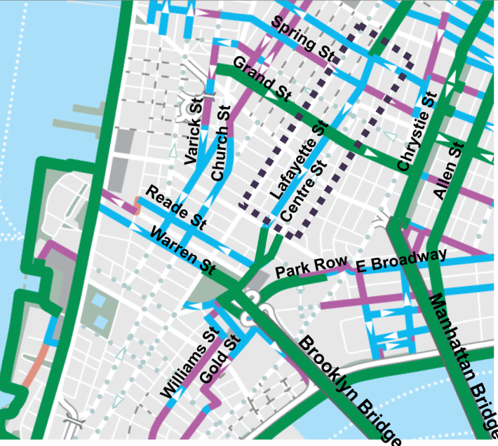 Centre Street and its southbound counterpart Lafayette Street provide essential connections for cyclists heading to and from the Brooklyn Bridge. Map: DOT