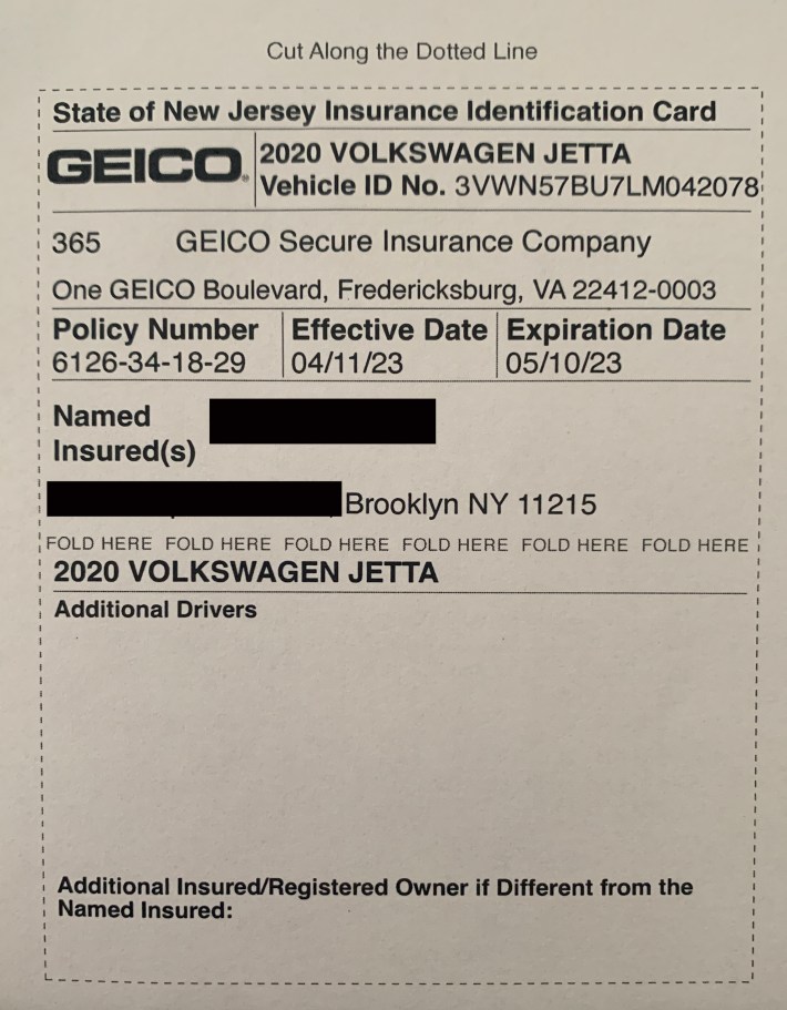 Here's the fake Geico insurance card. We have redacted only the reporter's fake name and fake address (hey, he may need to use them again!).
