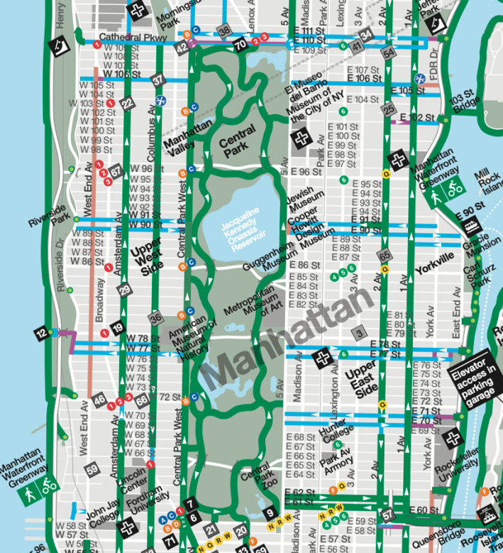 There are no crosstown protected bike lanes (in green) linking the Upper East and Upper West sides. Map: DOT (click to enlarge)