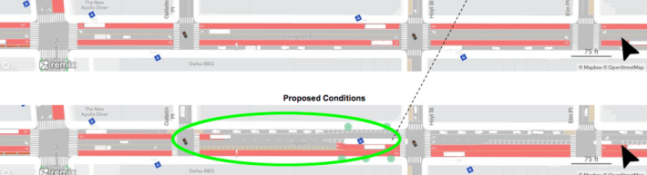 The proposed Livingston Street busway between Elm Place and Smith Street. Graphic: DOT (with green circle for crossover zone added by Streetsblog)