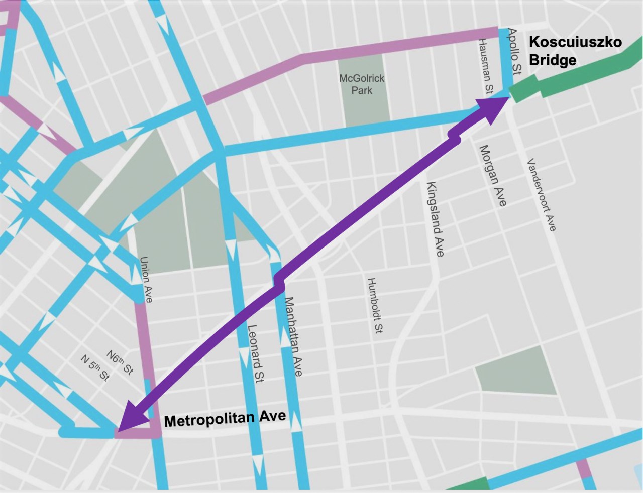 The Meeker Avenue bike lanes are eventually going to connect from the Kosciuszko Bridge to Metropolitan Avenue. Map: DOT