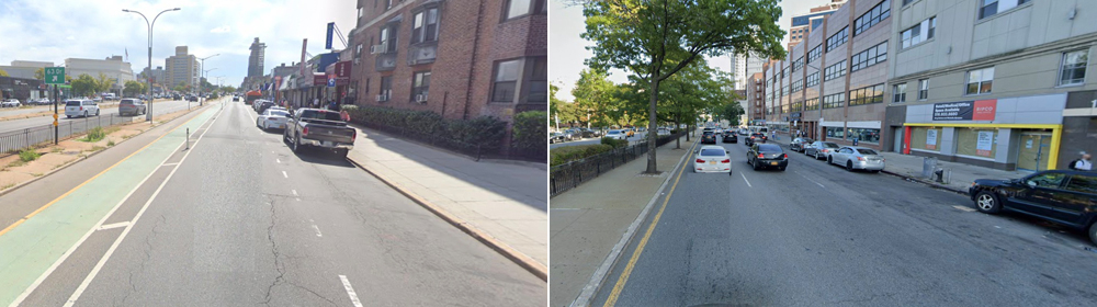 Safe vs. unsafe: The photo at left shows the portion of Queens Boulevard that has a protected bike lane (recently bolstered with cement). The photo at right shows the unsafe portion east of the Kew Gardens. Photos: Google