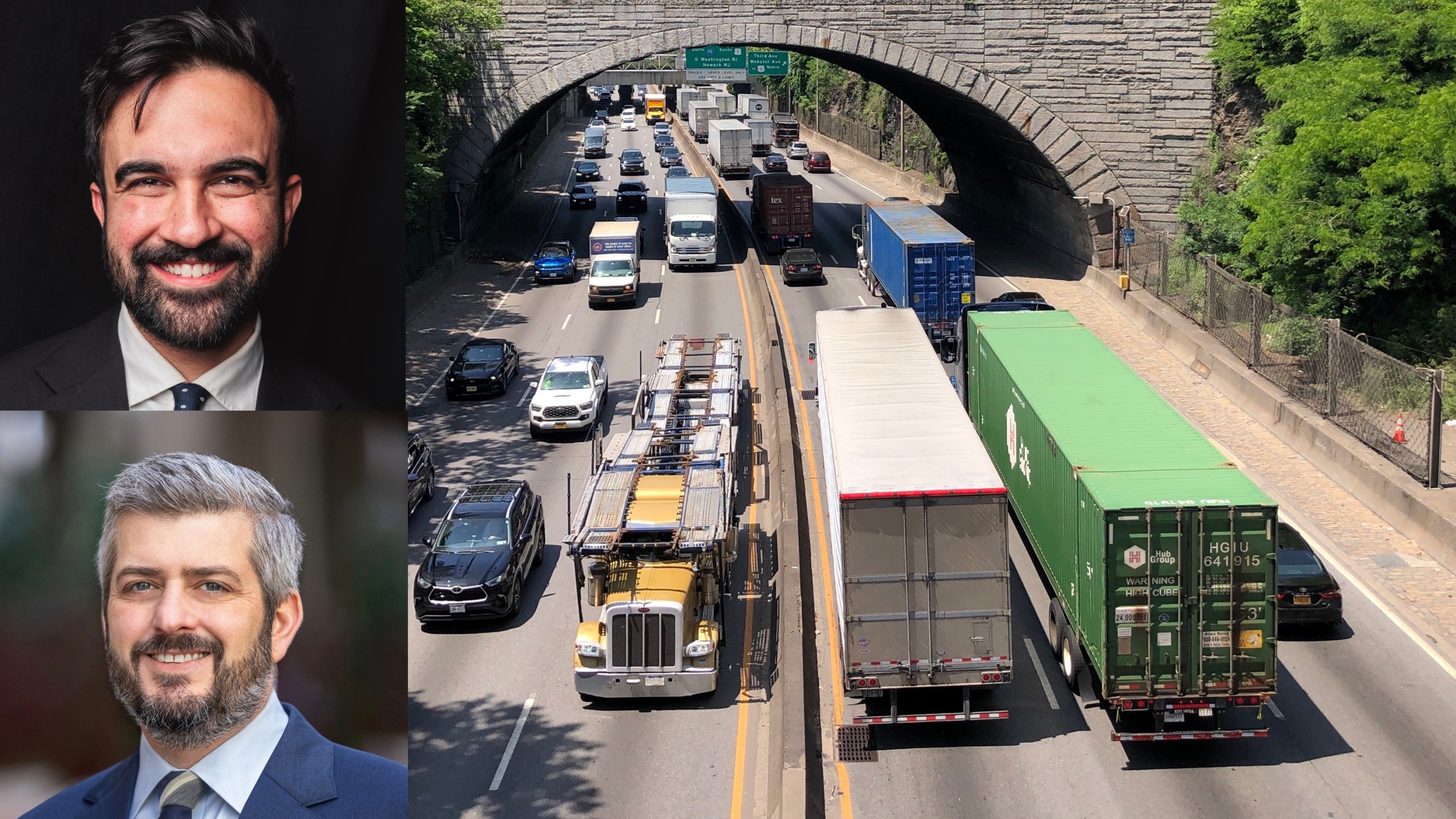 A photo of the Cross-Bronx expressway with two inset photos of Mayor Zohran Mamdani and DOT Commissioner Michael Flynn