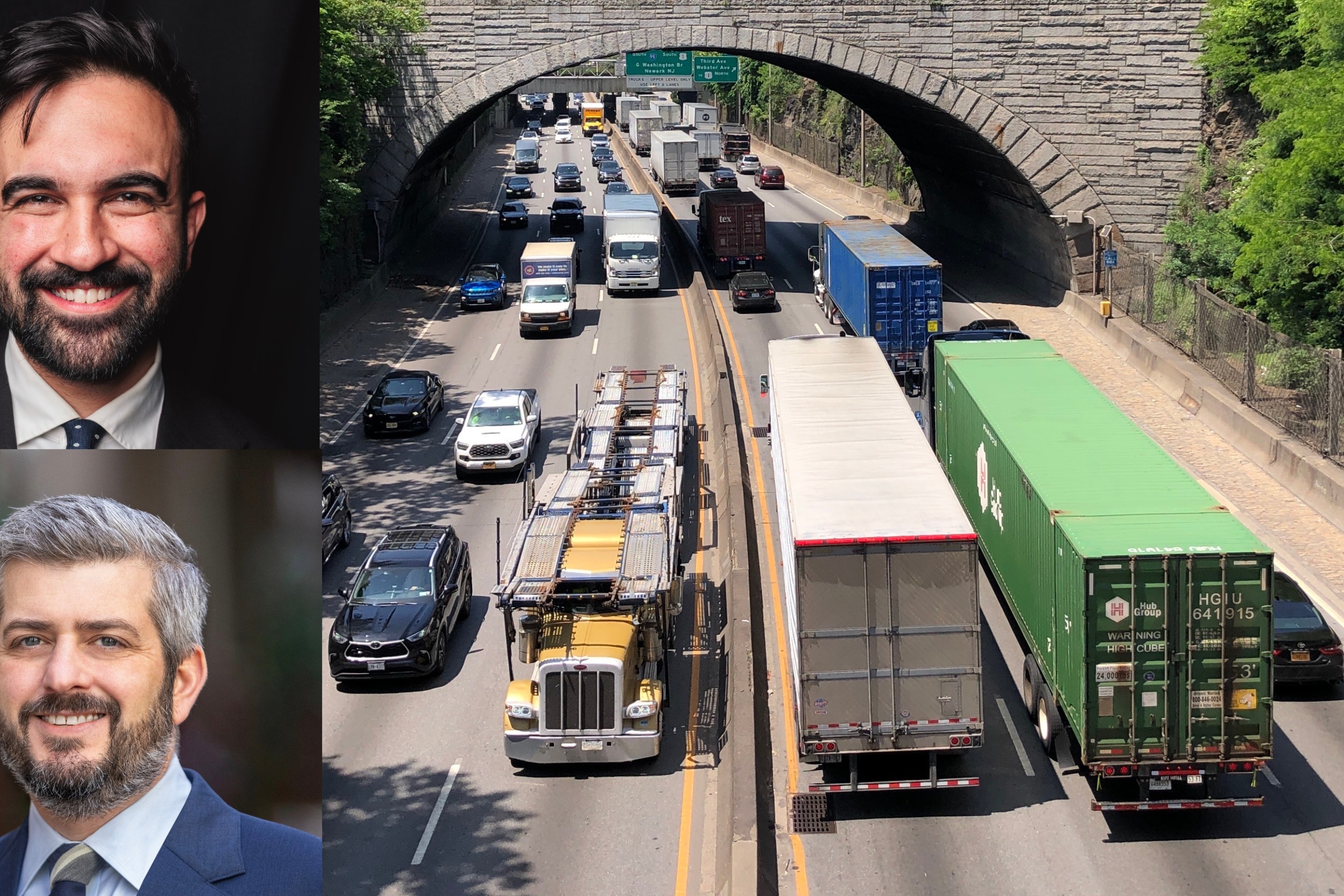 A photo of the Cross-Bronx expressway with two inset photos of Mayor Zohran Mamdani and DOT Commissioner Michael Flynn